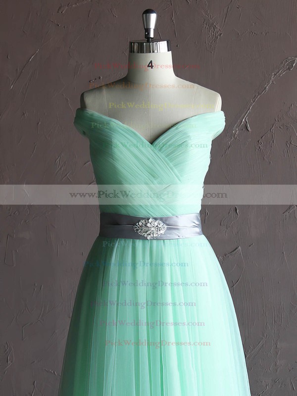 Unique A-line Green Tulle Sashes/Ribbons Off-the-shoulder Wedding Dress #PWD00021806
