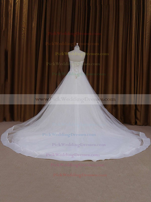 Ball Gown Ivory Tulle Appliques Lace Chapel Train Wedding Dress #PWD00021813