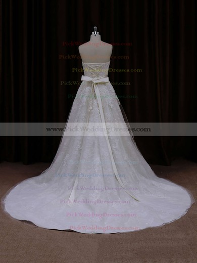 Court Train Ivory Beautiful Tulle Appliques Lace A-line Wedding Dress #PWD00021815