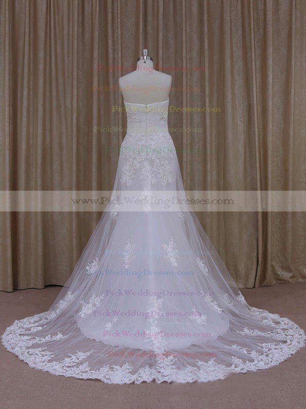 Sweep Train Appliques Lace Strapless White Tulle Affordable Wedding Dresses #PWD00021822