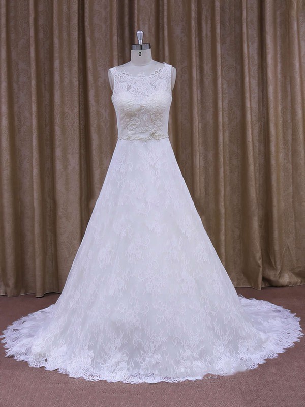 Best Scoop Neck Appliques Lace Court Train White Lace Wedding Dress #PWD00021828