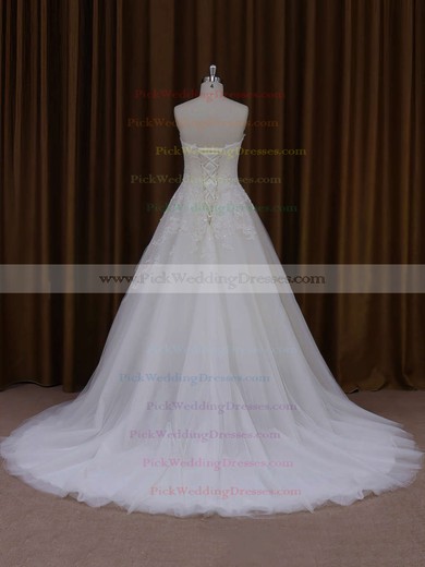 Sweetheart Appliques Lace Ivory Tulle Court Train Fashion Wedding Dresses #PWD00021829