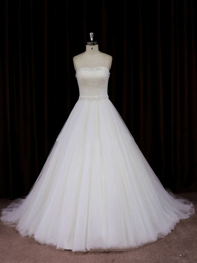 Ivory Tulle Chapel Train Beading Strapless Beautiful Wedding Dress #PWD00021833