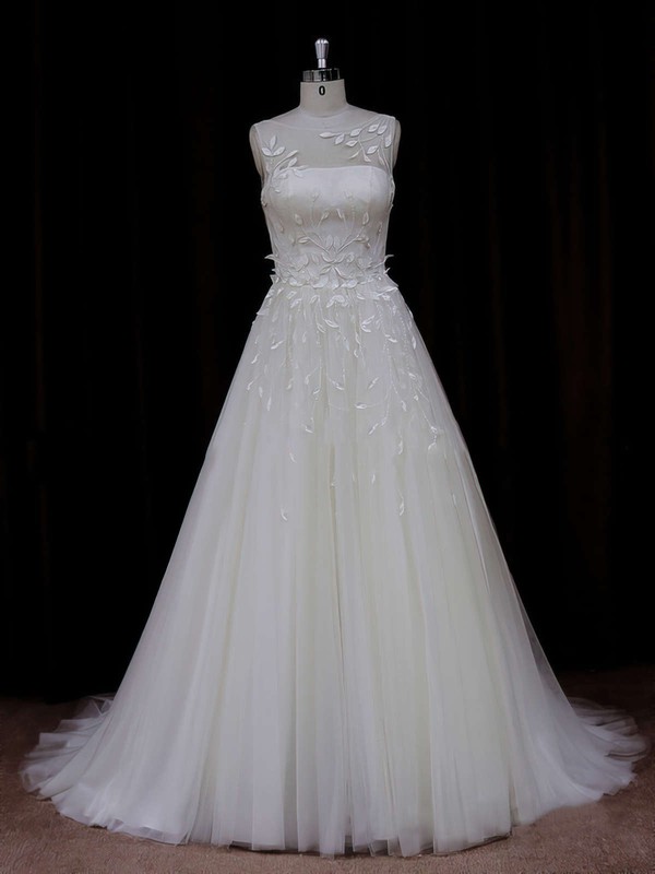 Elegant Princess Appliques Lace Ivory Tulle Scoop Neck Wedding Dresses #PWD00021834