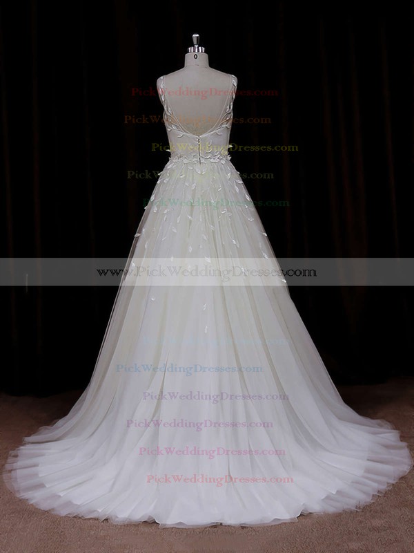 Elegant Princess Appliques Lace Ivory Tulle Scoop Neck Wedding Dresses #PWD00021834