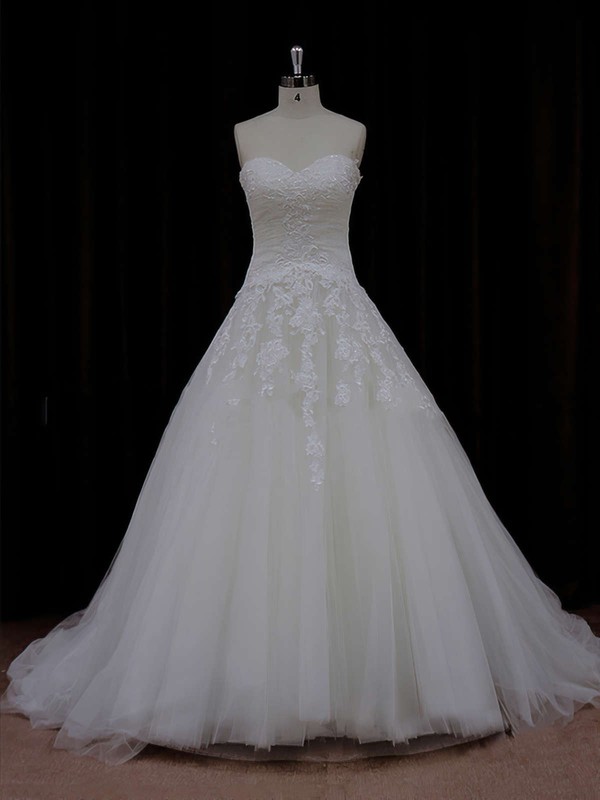 Ball Gown Ivory Tulle Lace-up Court Train Appliques Lace Wedding Dress #PWD00021835