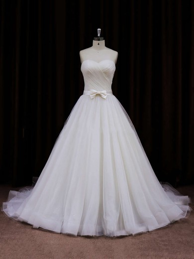 Modest Sweetheart Tulle with Sashes/Ribbons Chapel Train Ivory Wedding Dresses #PWD00021840