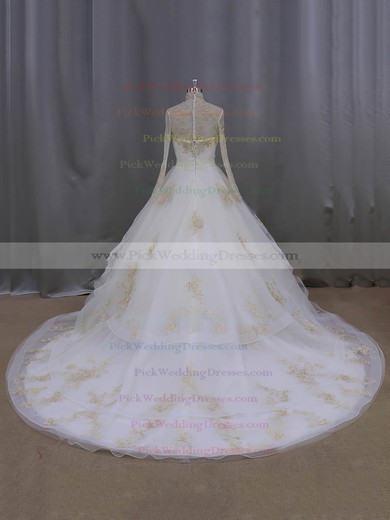 Ball Gown Tulle Appliques Lace Fashion High Neck Long Sleeve Wedding Dresses #PWD00021852