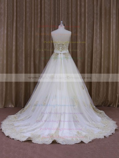 Court Train Tulle Appliques Lace Ivory Strapless Newest Wedding Dresses #PWD00021854