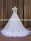 Fashionable Chapel Train Appliques Lace White Tulle V-neck Wedding Dress #PWD00021860