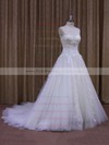 Fashionable Chapel Train Appliques Lace White Tulle V-neck Wedding Dress #PWD00021860