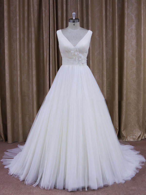 Affordable Court Train Tulle with Flower(s) Ivory V-neck Wedding Dresses #PWD00021868
