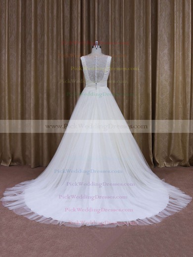 Affordable Court Train Tulle with Flower(s) Ivory V-neck Wedding Dresses #PWD00021868