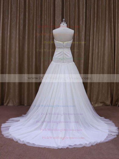 Inexpensive Ivory Court Train Tulle Appliques Lace Sweetheart Wedding Dresses #PWD00021873