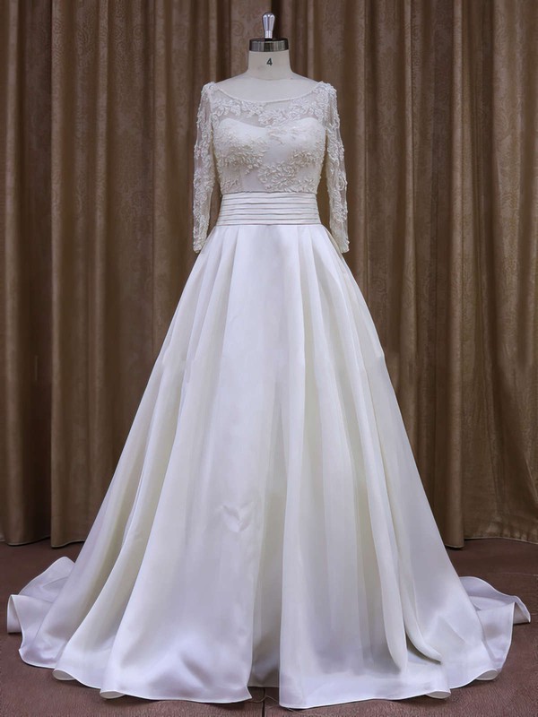 Nice Scoop Neck Ivory Taffeta with Appliques Lace Long Sleeve Wedding Dress #PWD00021877