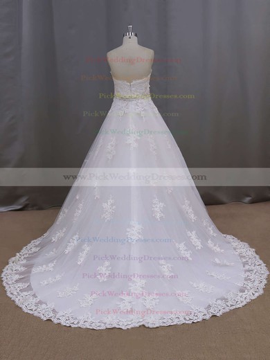 Ivory Court Train Tulle Appliques Lace Wholesale Sweetheart Wedding Dresses #PWD00021886