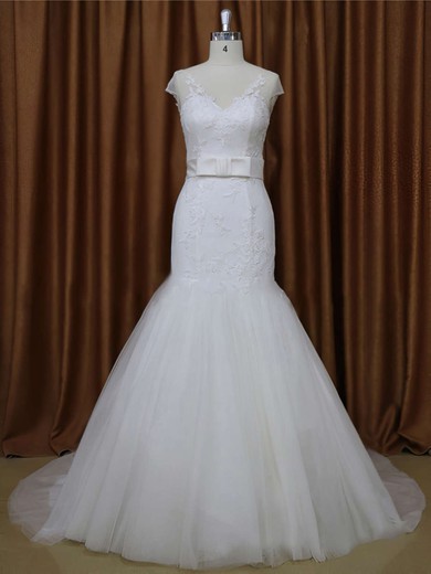White V-neck Tulle Appliques Lace Cap Straps Trumpet/Mermaid Wedding Dresses #PWD00021899