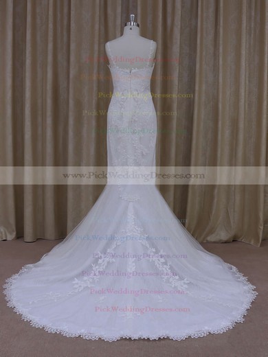 Ivory V-neck Tulle with Appliques Lace Trumpet/Mermaid Popular Wedding Dresses #PWD00021912