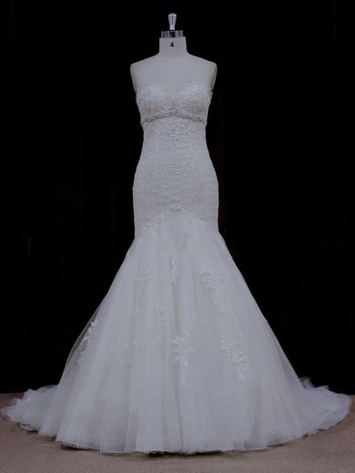 Vintage Ivory Lace Tulle with Beading Sweetheart Trumpet/Mermaid Wedding Dress #PWD00021915