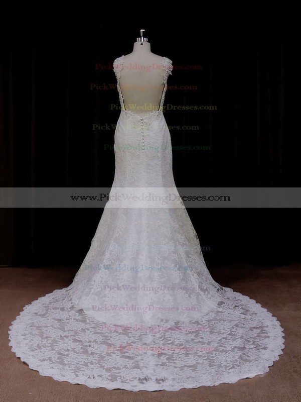 Chapel Train Ivory Lace Beading Trumpet/Mermaid Backless Wedding Dresses #PWD00021926
