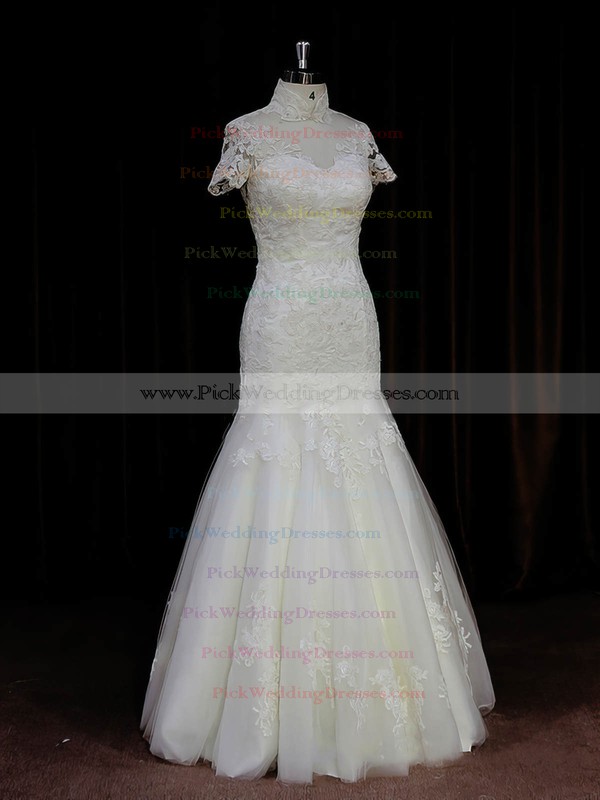Ivory Trumpet/Mermaid Unique Tulle Appliques Lace High Neck Wedding Dresses #PWD00021939