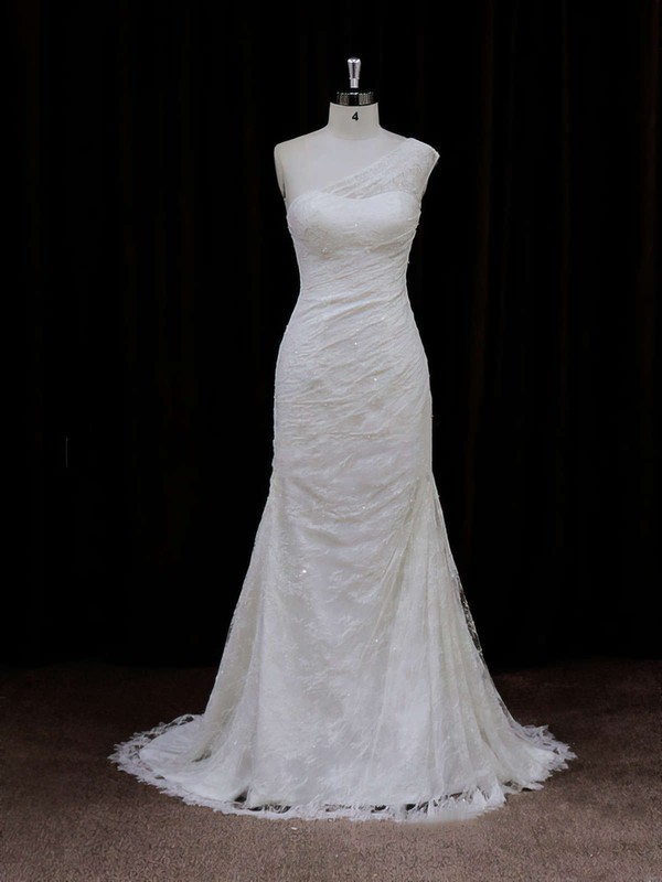 Modest Ivory One Shoulder Lace Sequins Trumpet/Mermaid Wedding Dresses #PWD00021940