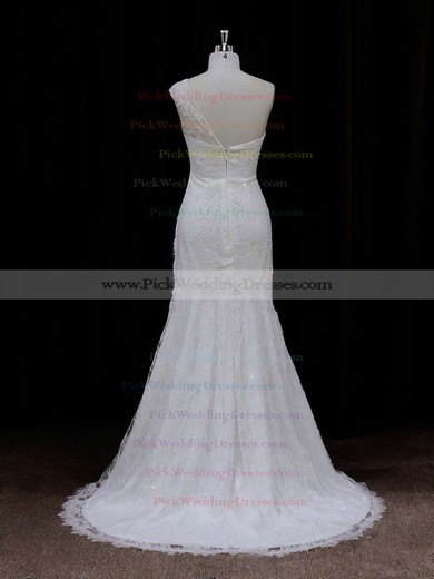 Modest Ivory One Shoulder Lace Sequins Trumpet/Mermaid Wedding Dresses #PWD00021940