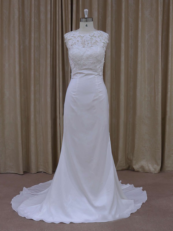 Lace Chiffon Covered Button Ivory Scoop Neck Modest Sheath/Column Wedding Dress #PWD00021942