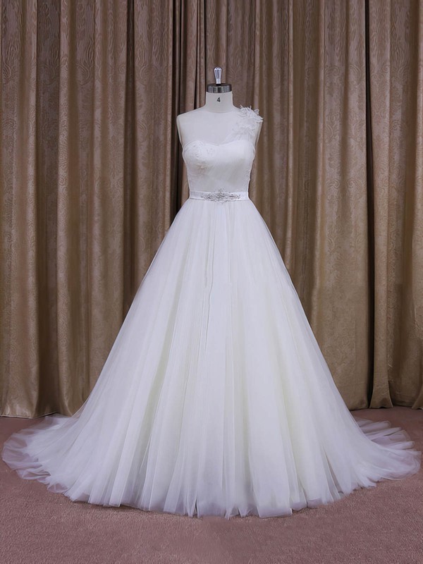 Elegant One Shoulder White Tulle Sashes/Ribbons Ball Gown Wedding Dress #PWD00021956