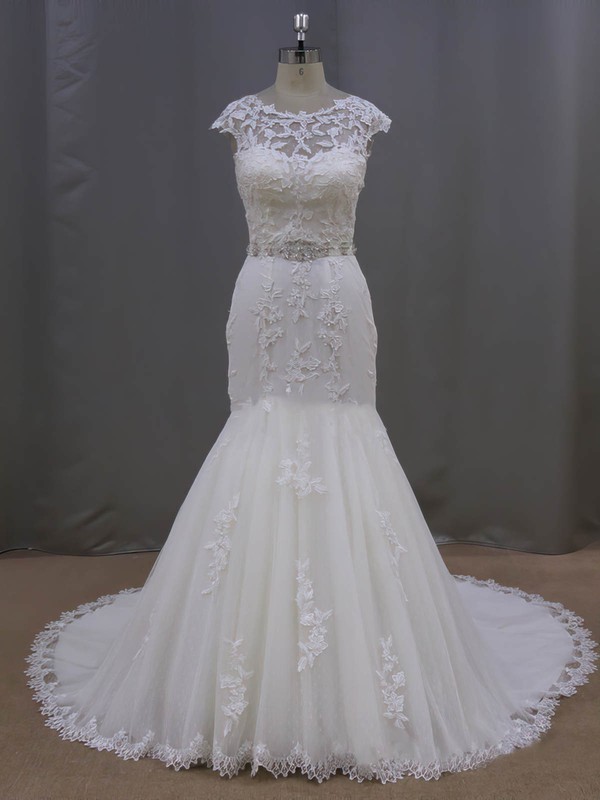Scoop Neck Ivory Tulle with Appliques Lace Trumpet/Mermaid Cap Straps Wedding Dress #PWD00021962