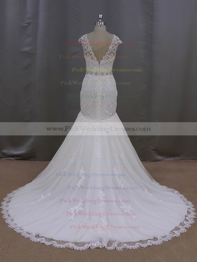 Scoop Neck Ivory Tulle with Appliques Lace Trumpet/Mermaid Cap Straps Wedding Dress #PWD00021962