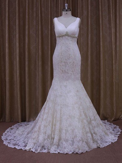 Trumpet/Mermaid V-neck Ivory Lace Tulle Appliques Lace Designer Wedding Dress #PWD00021964