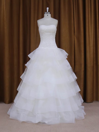 Floor-length Wholesale Tulle Appliques Lace Sweetheart White Wedding Dress #PWD00021980