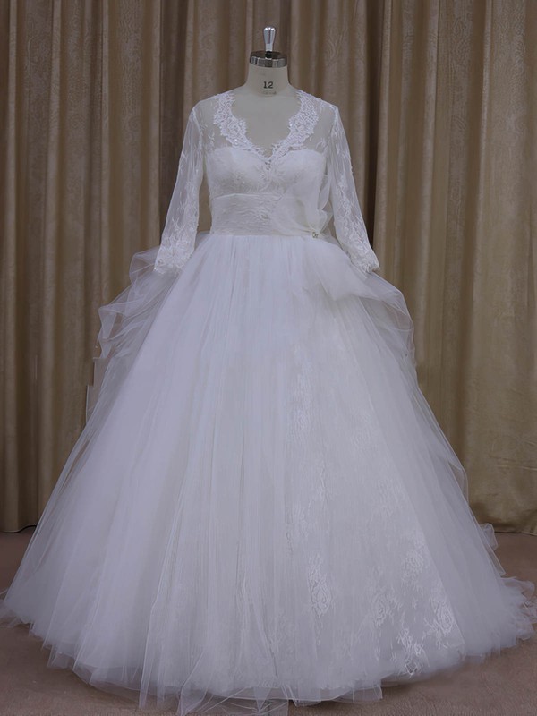 Ivory V-neck Tulle Appliques Lace Long Sleeve Ball Gown Wedding Dress #PWD00021982