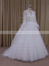 Ivory V-neck Tulle Appliques Lace Long Sleeve Ball Gown Wedding Dress #PWD00021982