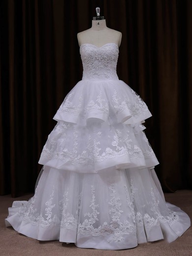 Beautiful Princess Tulle Appliques Lace Sweetheart Ivory Wedding Dresses #PWD00021990