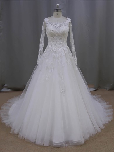 Scoop Neck Ivory Tulle Beading Long Sleeve Appliques Lace Wedding Dress #PWD00021996