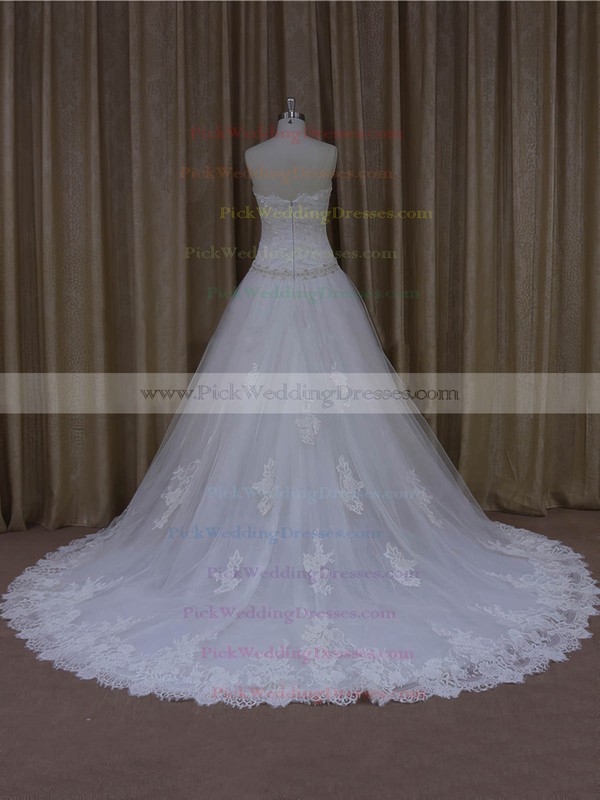Gorgeous Sweetheart Appliques Lace Court Train White Tulle Wedding Dresses #PWD00022001