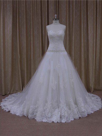 Gorgeous Sweetheart Appliques Lace Court Train White Tulle Wedding Dresses #PWD00022001