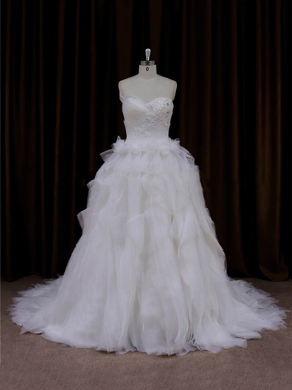 Princess Tulle Cascading Ruffles Ivory Lace-up Sweetheart Wedding Dresses #PWD00022003
