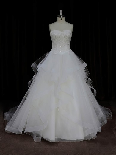 Ivory Tulle Appliques Lace Sweetheart Ball Gown Discount Wedding Dresses #PWD00022005