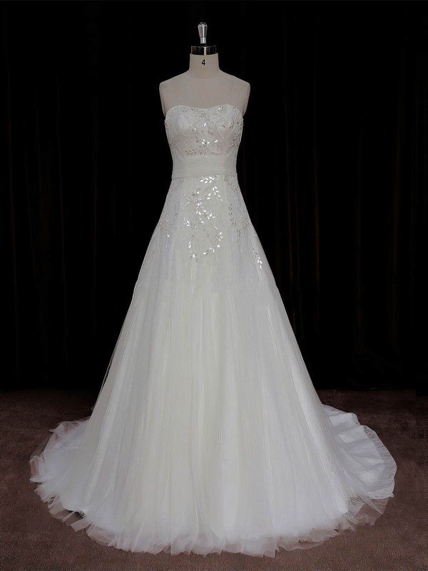 A-line Crystal Detailing Ivory Lace Tulle Court Train Beautiful Wedding Dress #PWD00022006