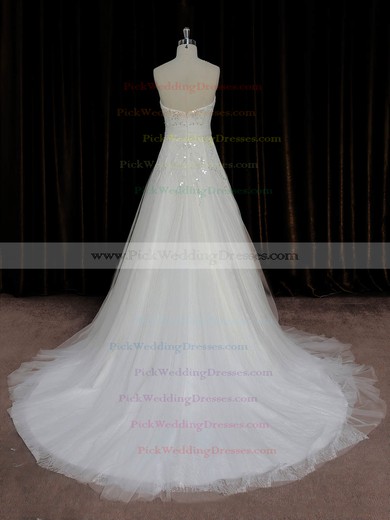 A-line Crystal Detailing Ivory Lace Tulle Court Train Beautiful Wedding Dress #PWD00022006