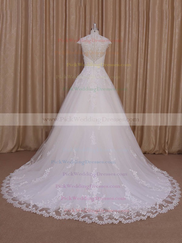 Sweetheart Ivory Tulle Cap Straps Appliques Lace Court Train Wedding Dress #PWD00022010