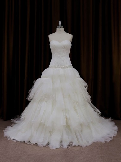 Princess Tulle Tiered Lace-up Chapel Train Ivory Wedding Dresses #PWD00022011