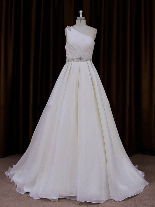 One Shoulder Beading Ivory Organza Sweep Train Fashion Wedding Dress #PWD00022012