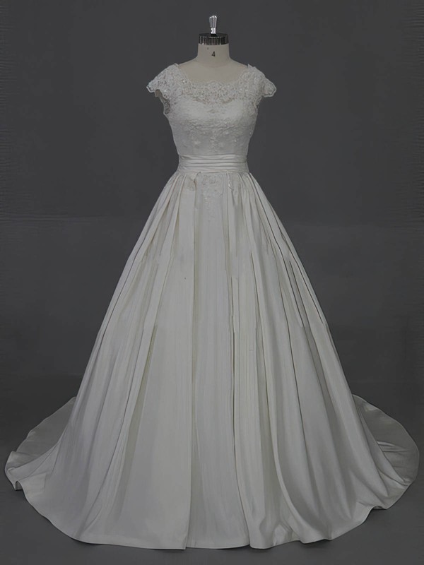 Scoop Neck Appliques Lace Cap Straps Ivory Taffeta Court Train Wedding Dress #PWD00022016