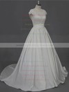 Scoop Neck Appliques Lace Cap Straps Ivory Taffeta Court Train Wedding Dress #PWD00022016