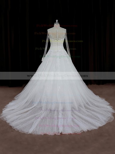 A-line Appliques Lace Ivory Tulle Long Sleeve Chapel Train Wedding Dresses #PWD00022018