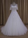 Court Train Ivory Tulle Appliques Lace 1/2 Sleeve Scoop Neck Wedding Dresses #PWD00022019